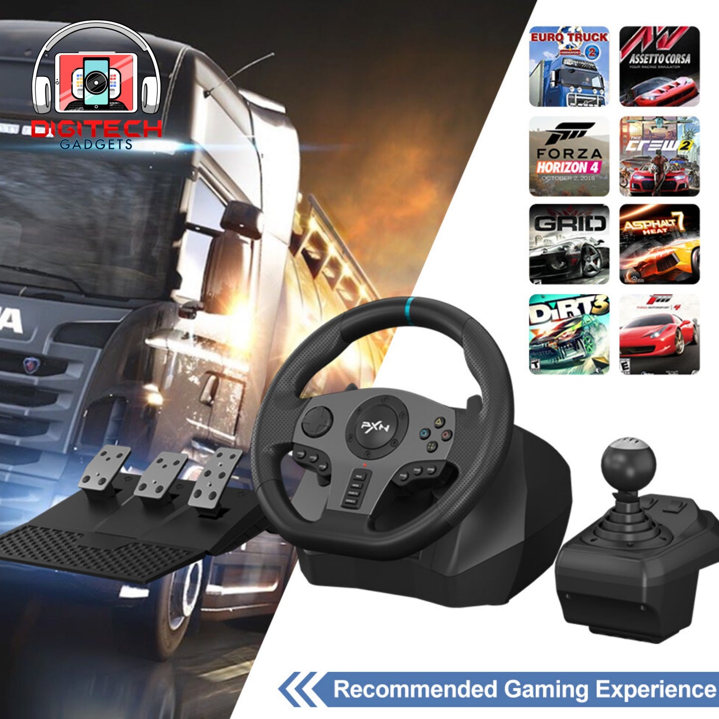 PXN V9 Racing Wheel + Shifter Bundle | PS4, PS3, PC, Switch, Xbox One, Xbox Series X|S